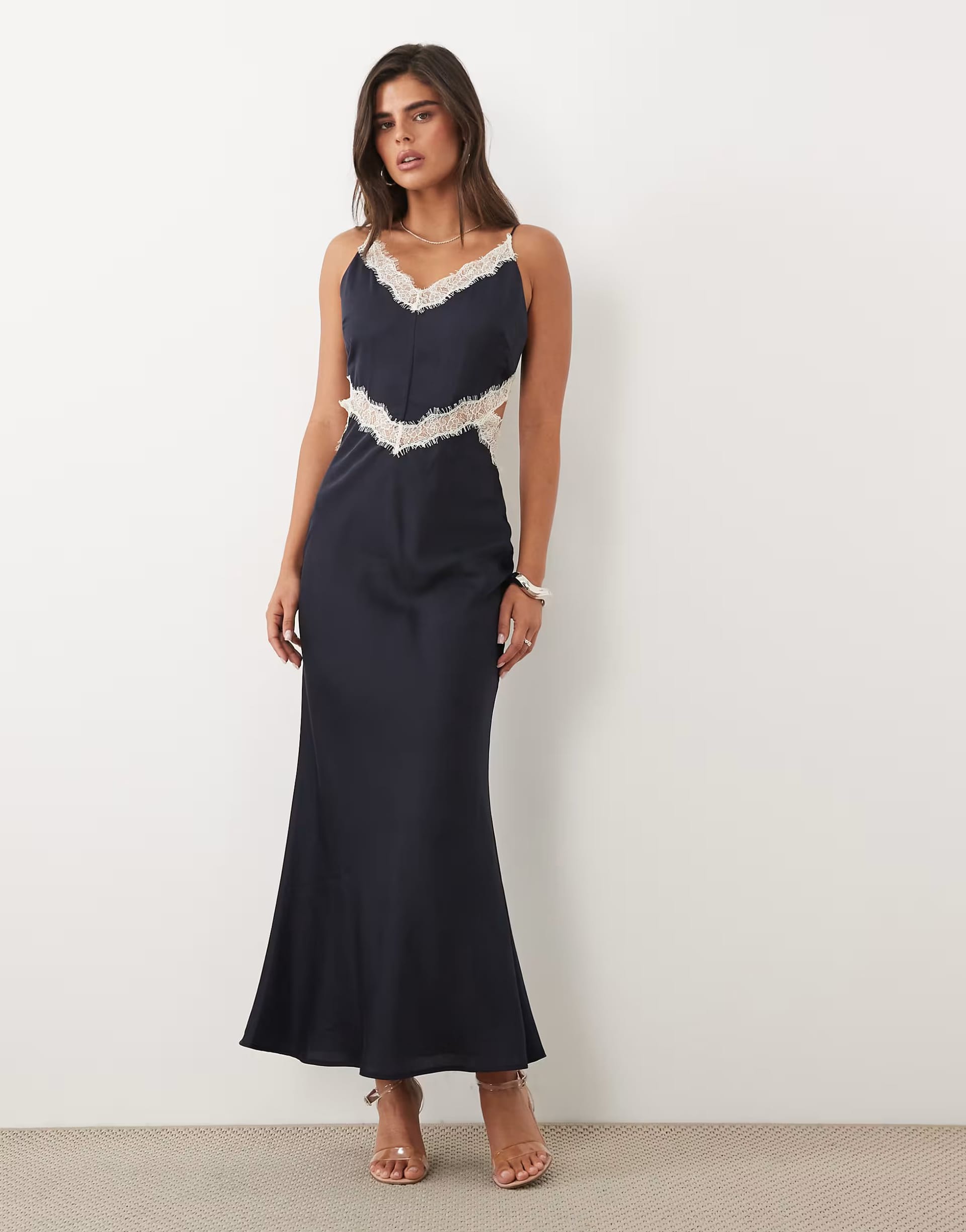 ASOS DESIGN lace trim cut out bias cami maxi dress in navy blue