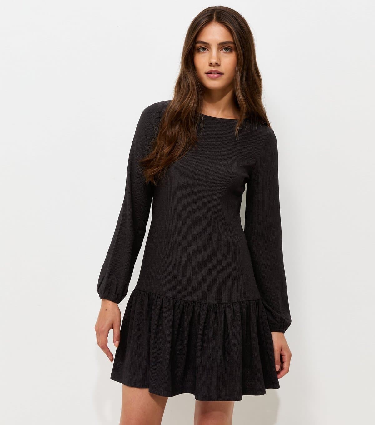 New Look Women's Black Crinkle Texture Crew Neck Frill Mini Dress New Look