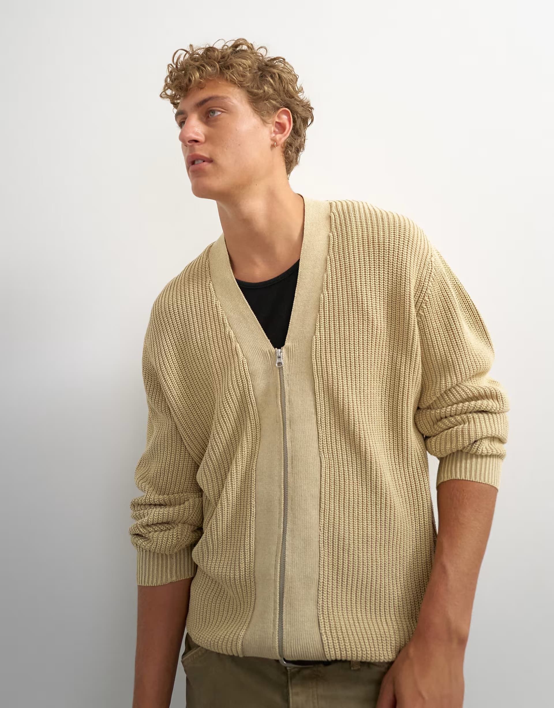 ASOS Topman relaxed fit acid wash knitted zip through cardigan in beige
