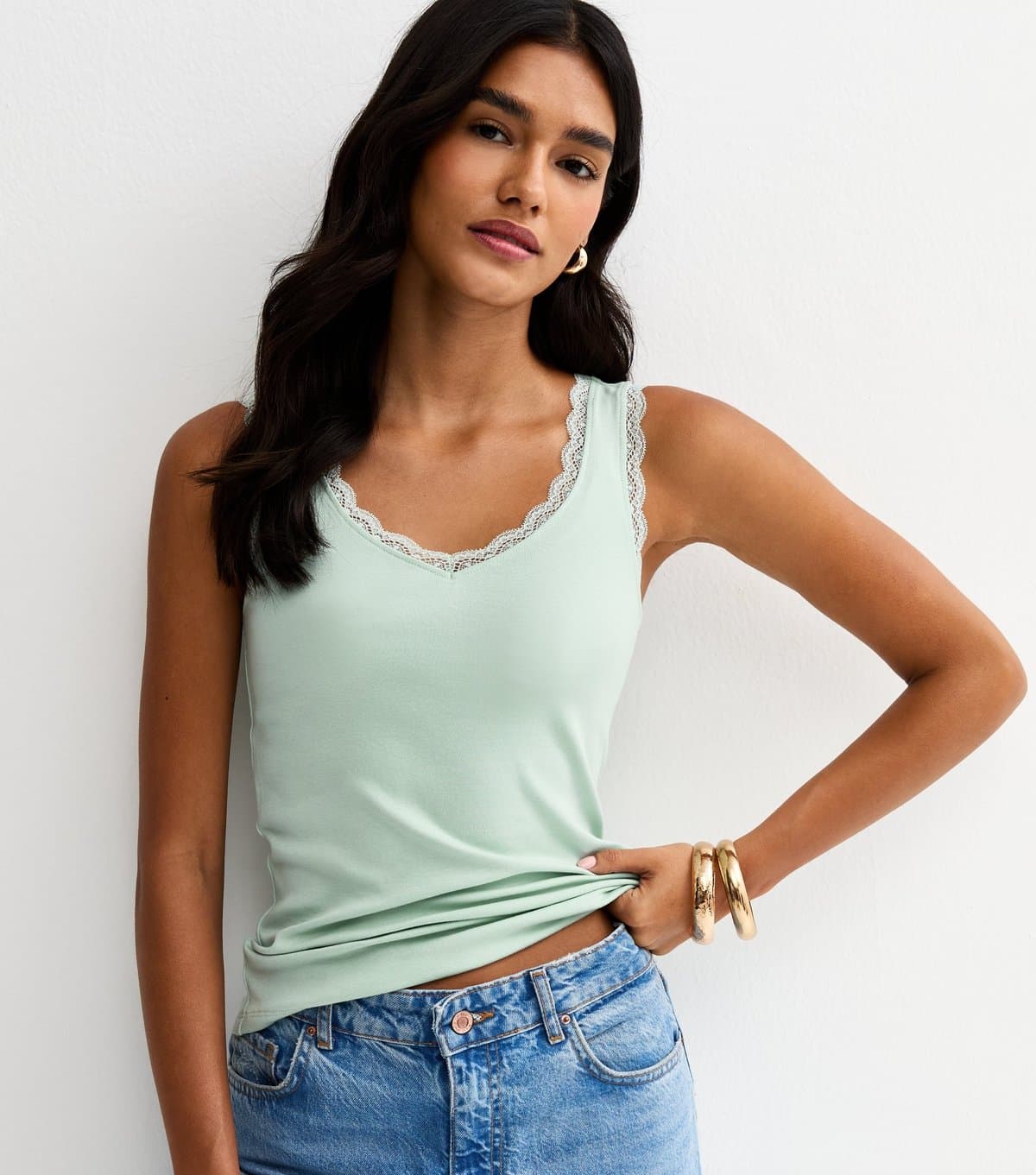 New Look Women's Mint Green Lace Trim Vest New Look