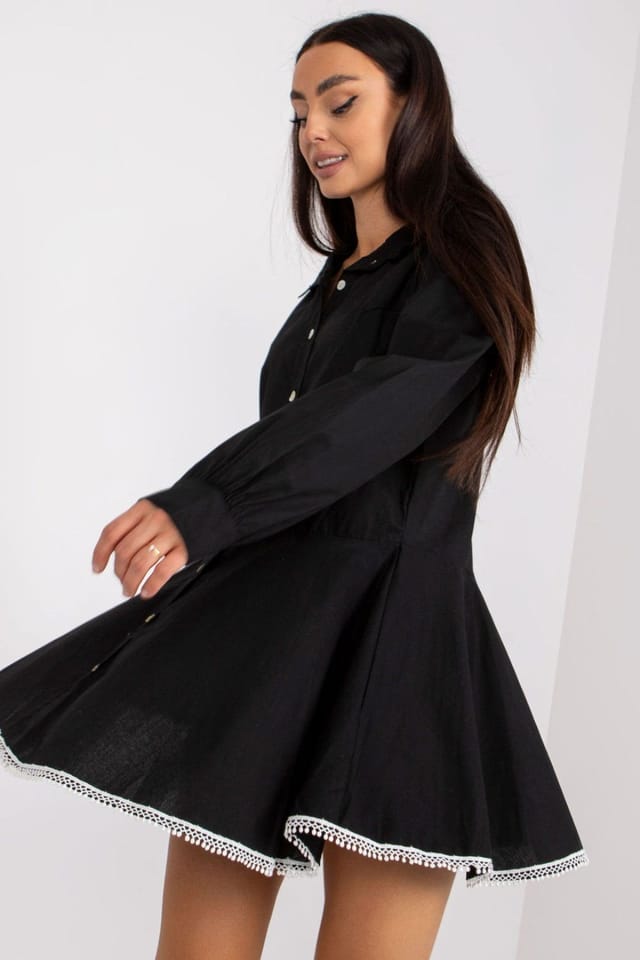 Love Lace Love Lace Women's Embroidered Button Front Long Sleeve Flare Dress in Black - 3