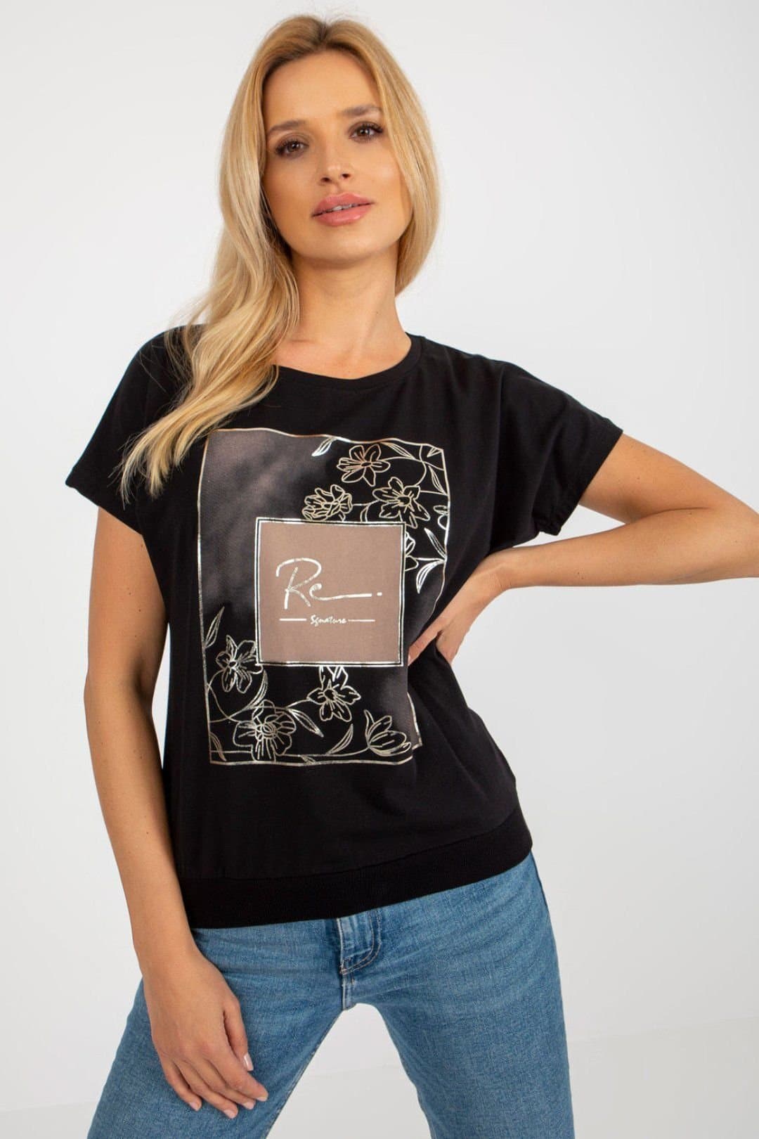 Love Lace Love Lace Women's Straight Cut Short Sleeve Round Blouse Print in Black
