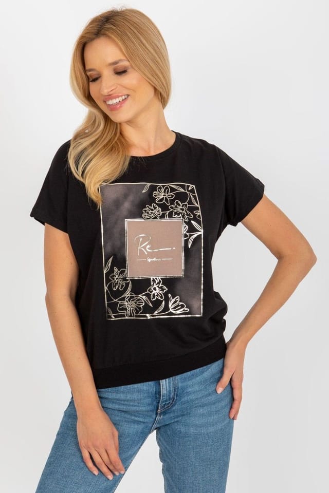 Love Lace Love Lace Women's Straight Cut Short Sleeve Round Blouse Print in Black - 3