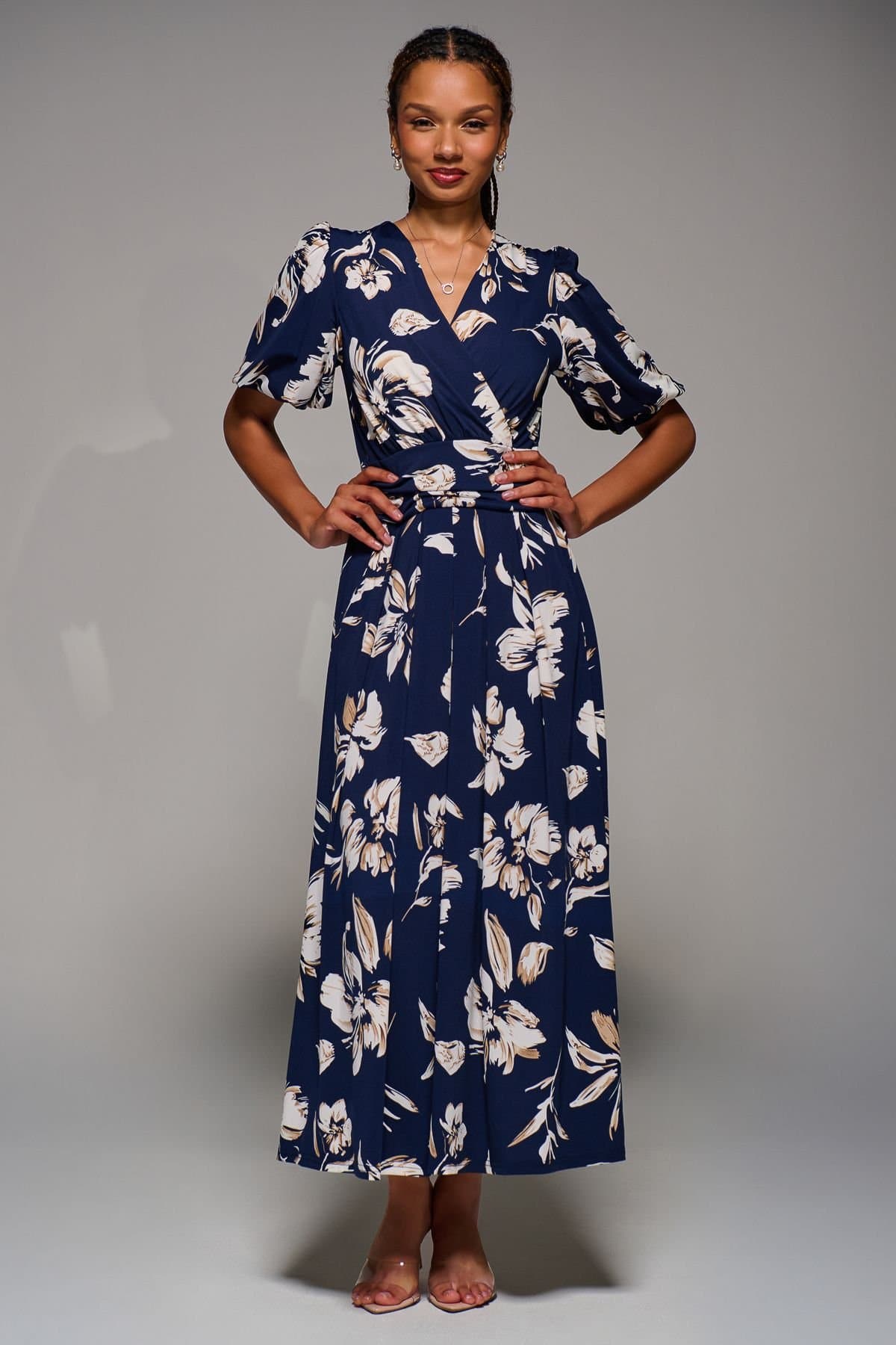 Jolie Moi Jolie Moi Women's Puff Sleeve Jersey Maxi Dress in Navy
