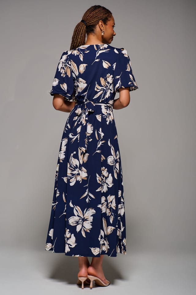Jolie Moi Jolie Moi Women's Puff Sleeve Jersey Maxi Dress in Navy - 2