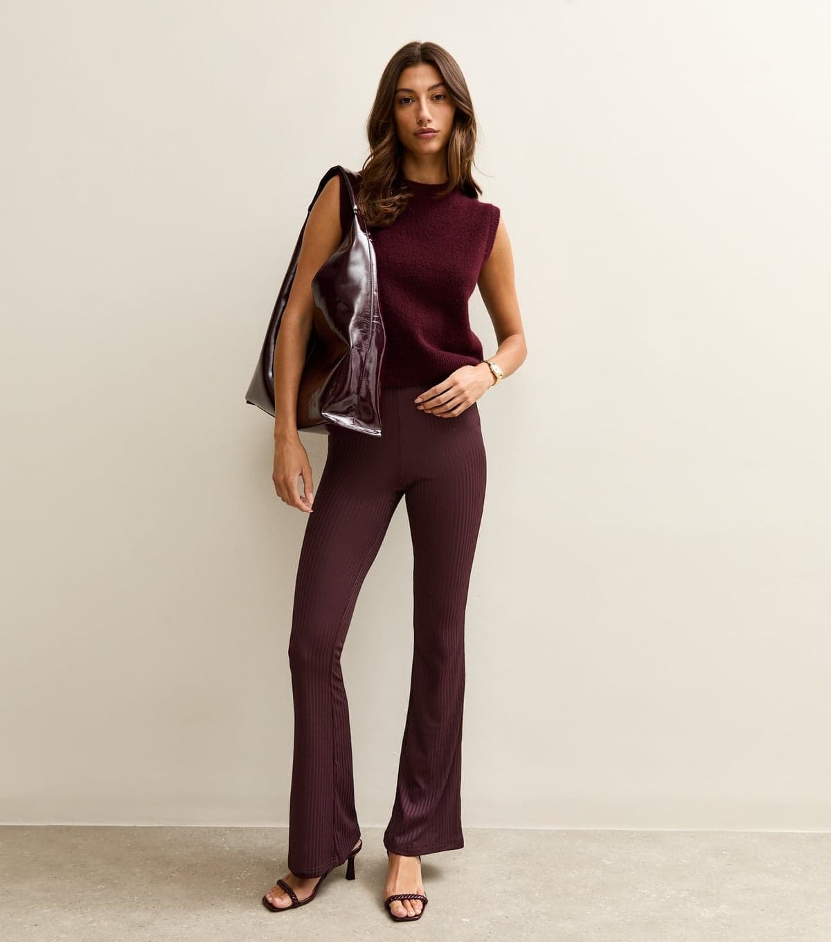 New Look Women's Tall Dark Burgundy Rib Jersey Flared Trousers New Look