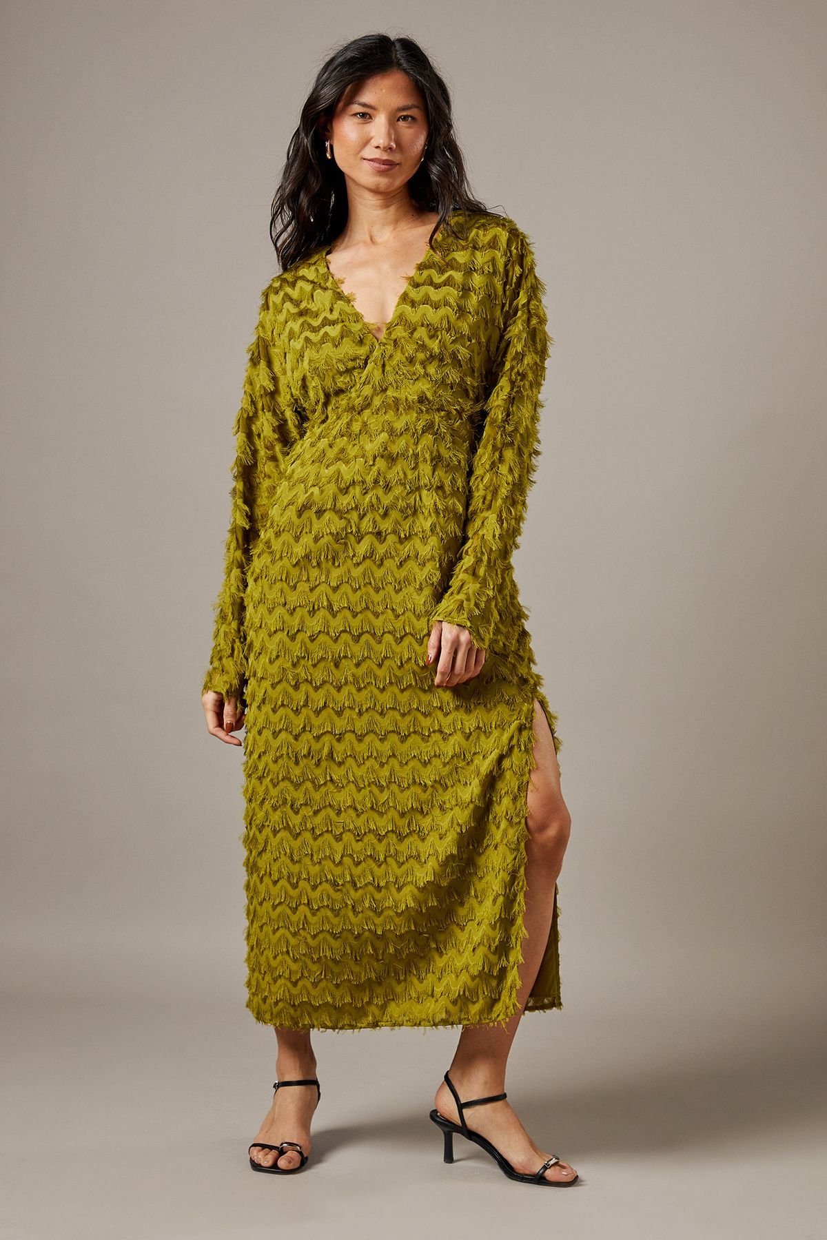 Warehouse Warehouse Women's Fluffy Plunge Neck Batwing Midi Dress in Chartreuse - 2