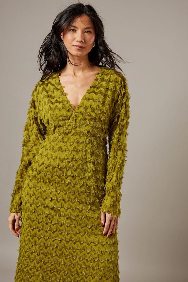 Warehouse Warehouse Women's Fluffy Plunge Neck Batwing Midi Dress in Chartreuse - 2