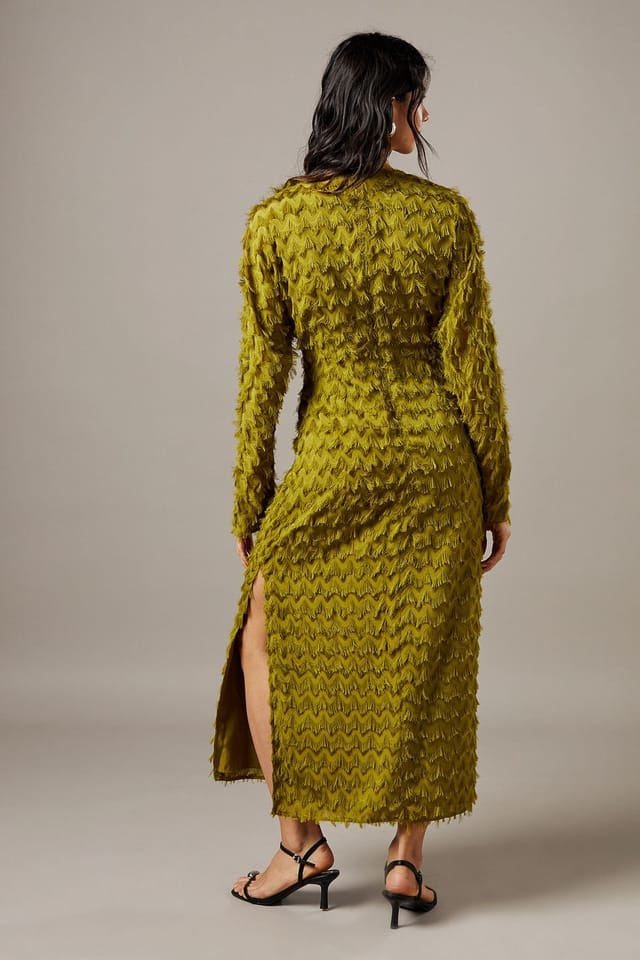 Warehouse Warehouse Women's Fluffy Plunge Neck Batwing Midi Dress in Chartreuse - 3