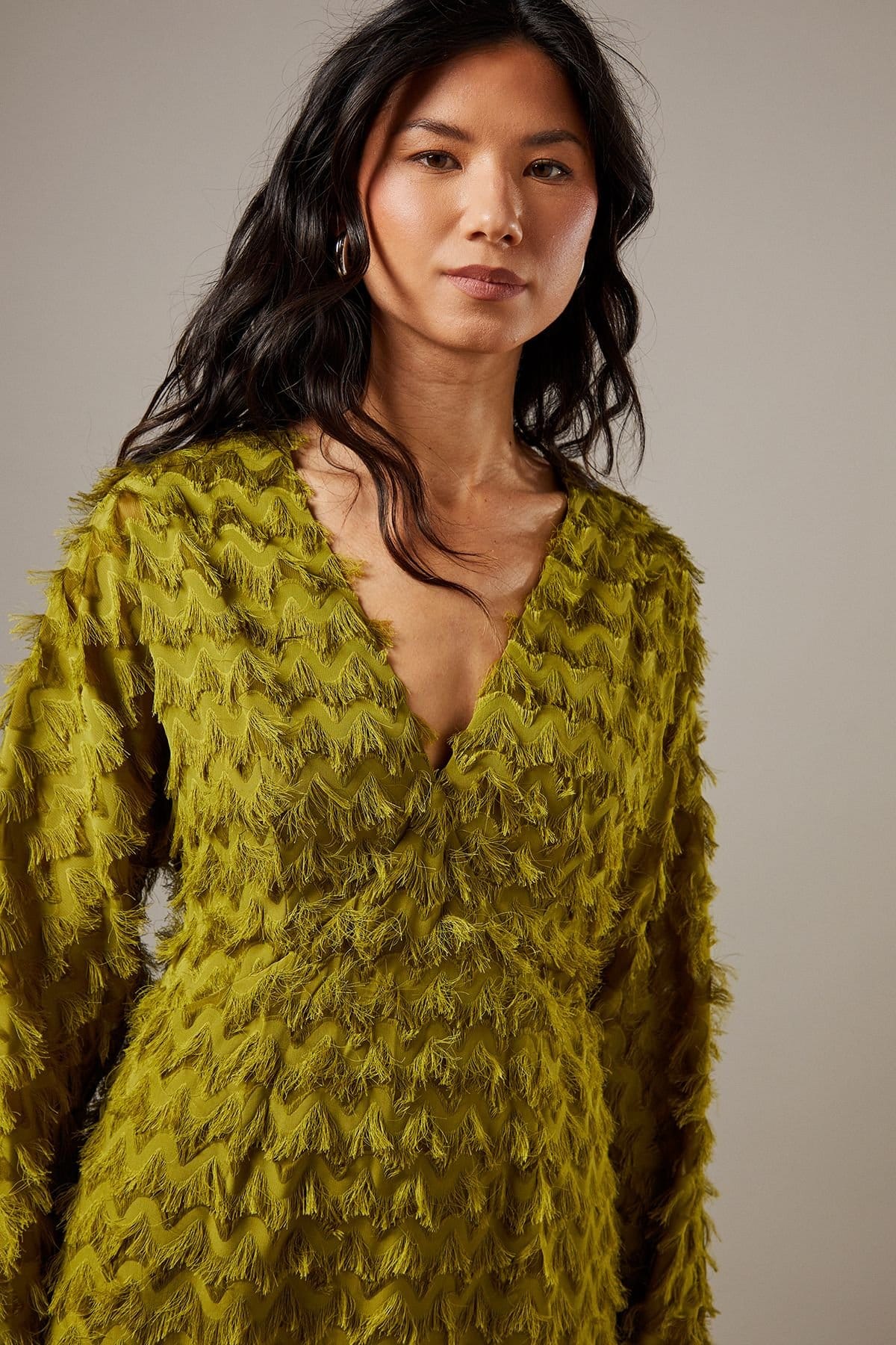 Warehouse Warehouse Women's Fluffy Plunge Neck Batwing Midi Dress in Chartreuse - 4