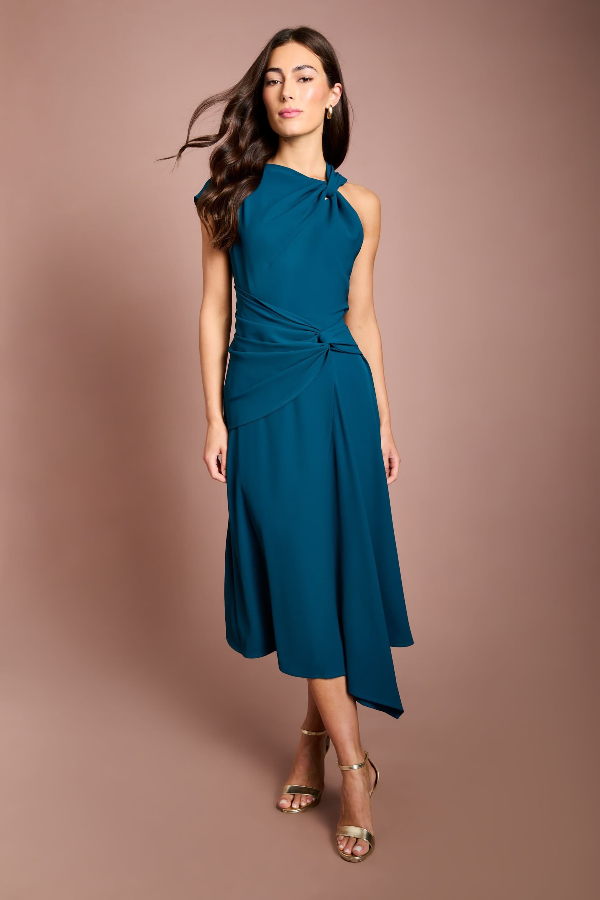 Coast Coast Women's One Shoulder Drape Waist Asymmetric Midi Dress in Teal