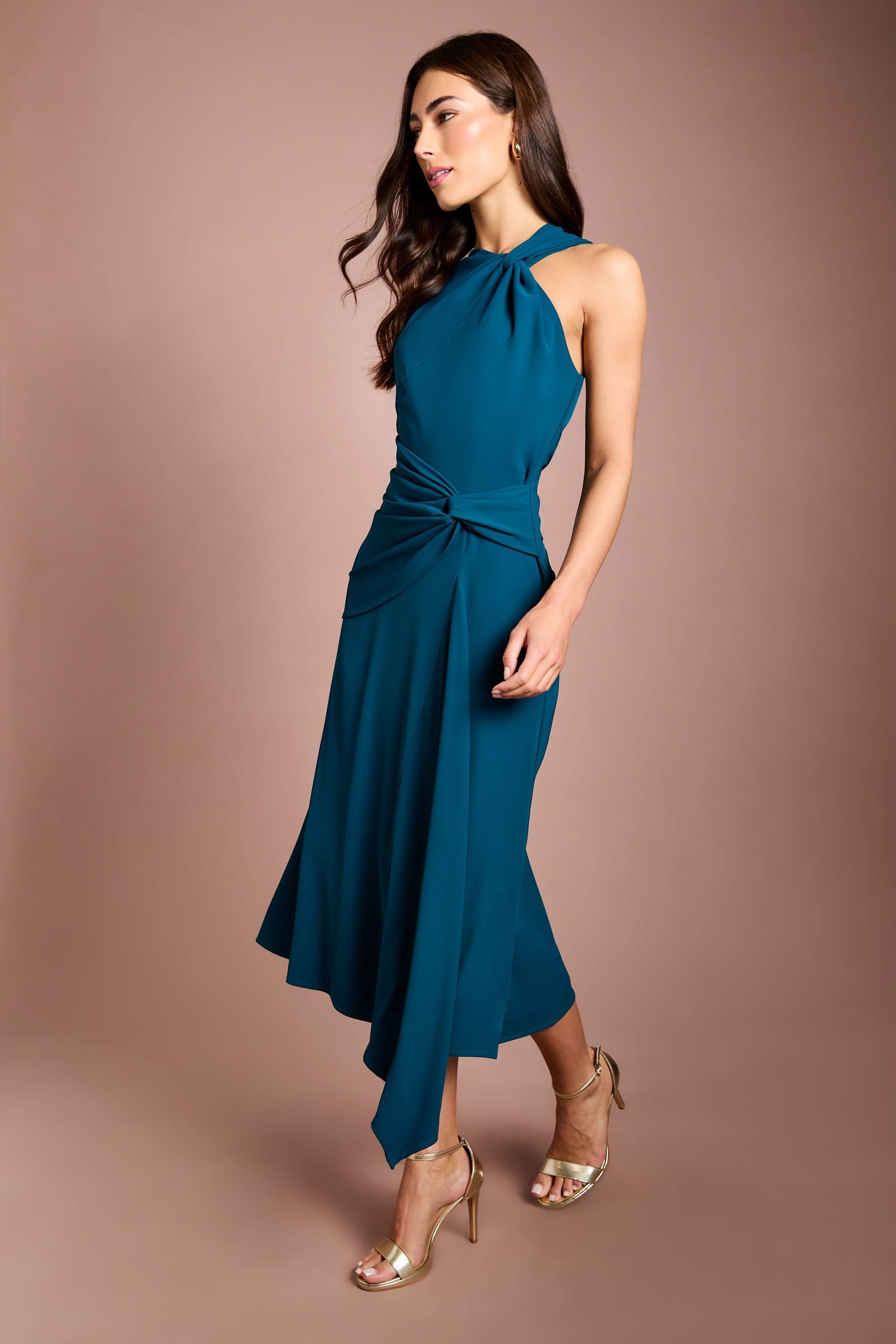Coast Coast Women's One Shoulder Drape Waist Asymmetric Midi Dress in Teal - 4