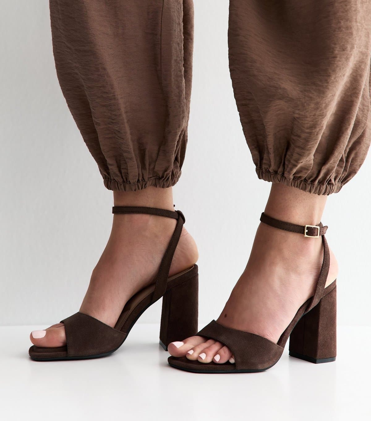 New Look Women's Premium Real Leather Dark Brown Suede Block Heel Sandals New Look