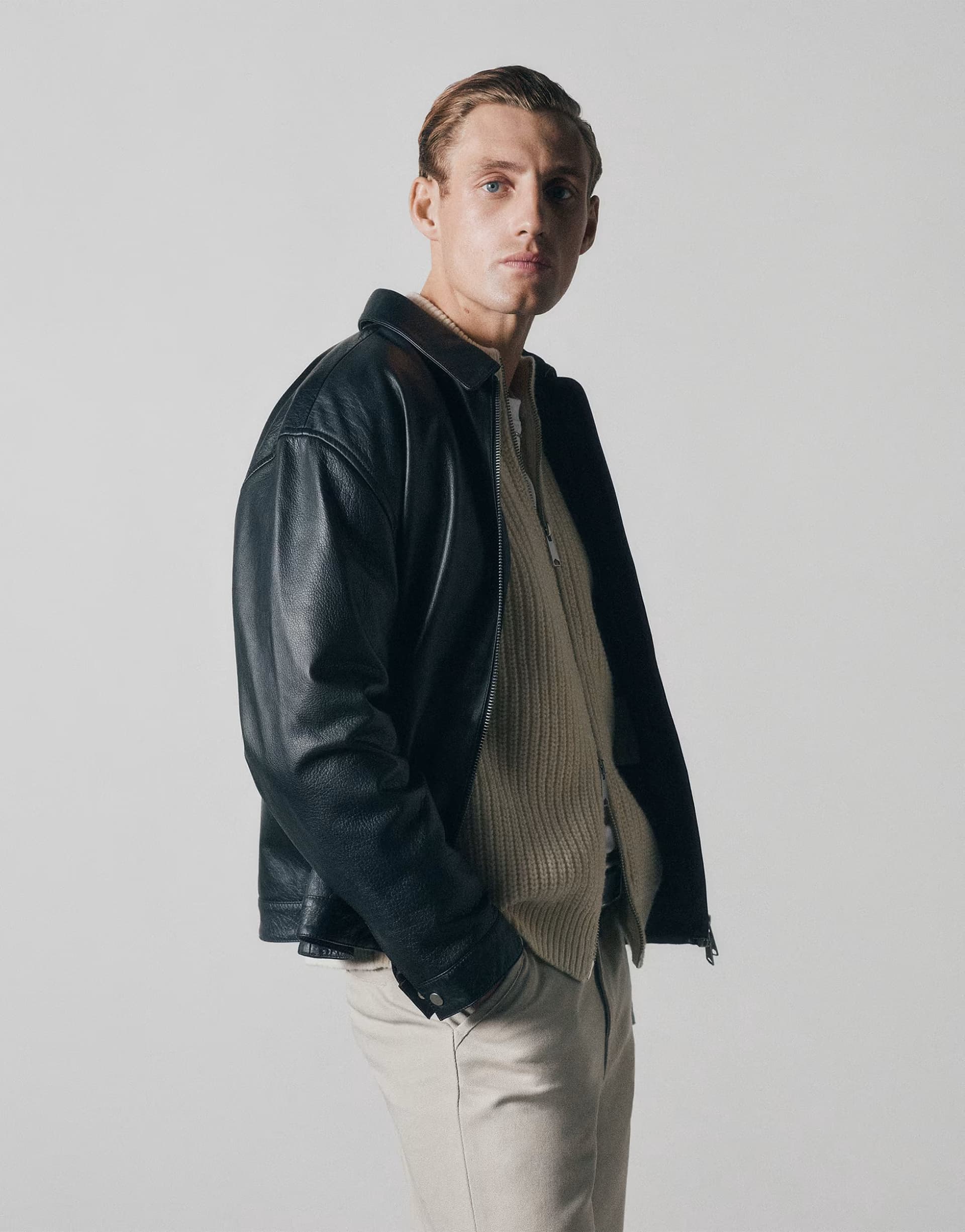 ASOS ASOS COLLECTIVE oversized harrington textured real leather jacket in black - BLACK