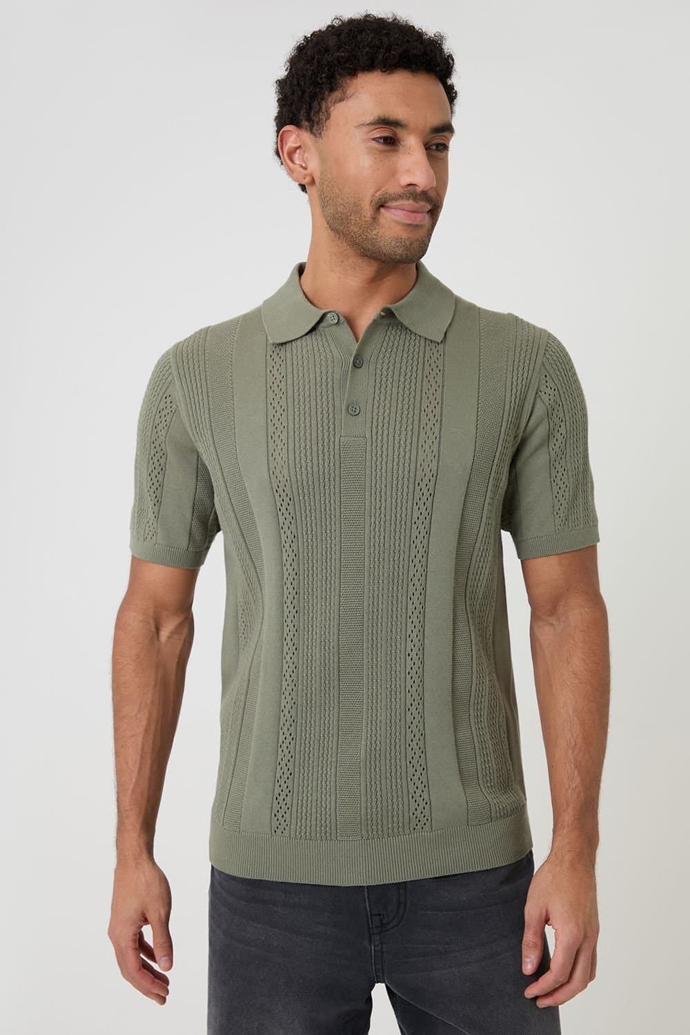 Threadbare Threadbare Men's Cotton Textured Stripe Knitted Polo in Green
