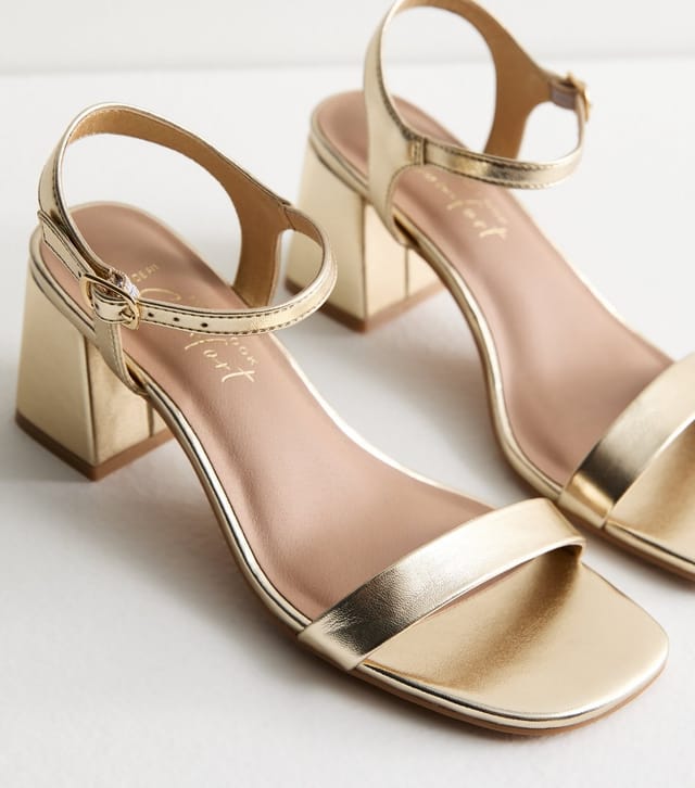 New Look Women's Wide Fit Gold Leather-Look 2 Part Block Heel Sandals New Look - 3