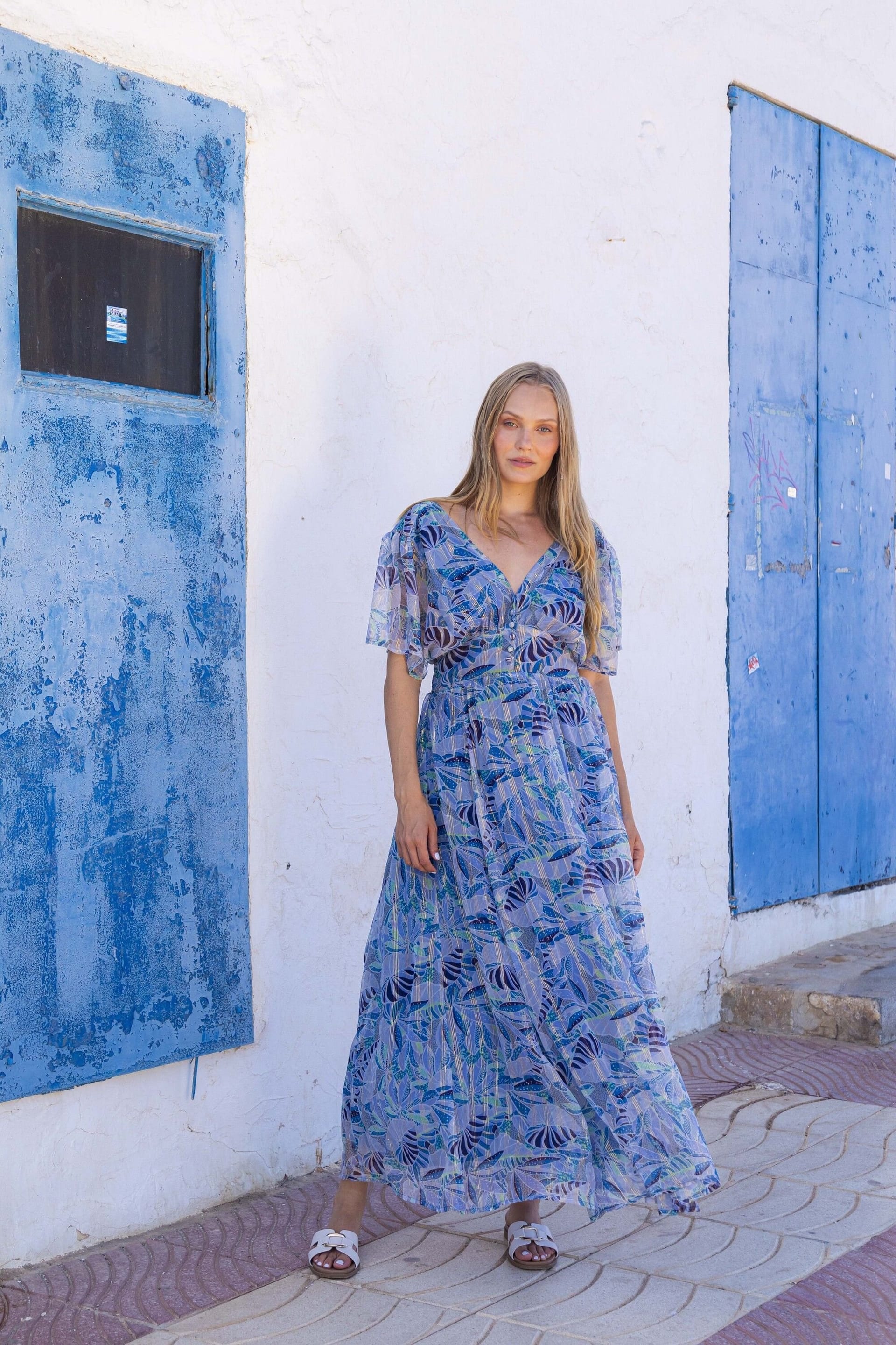 South Beach Blue Printed Metallic Chiffon Maxi Dress