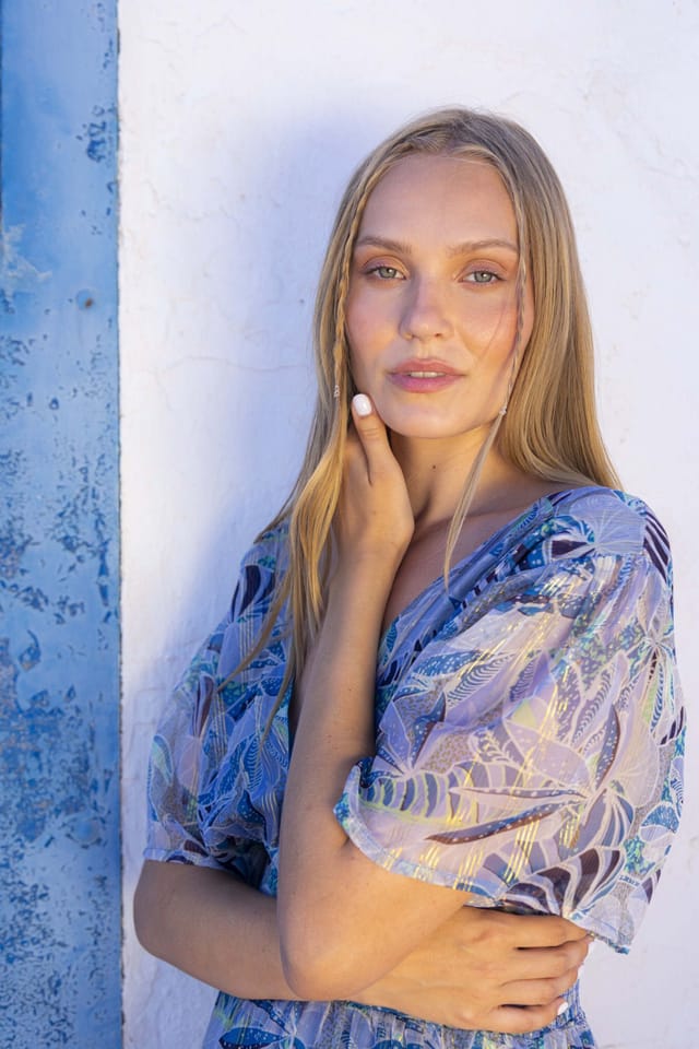 South Beach South Beach Women's Printed Metallic Chiffon Button Detail Maxi Dress in Blue - 2