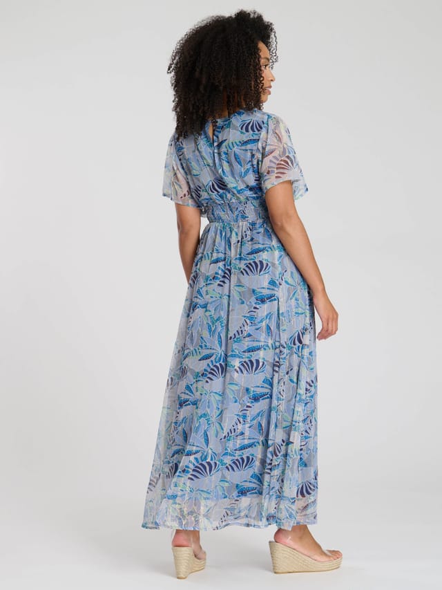 South Beach South Beach Women's Printed Metallic Chiffon Button Detail Maxi Dress in Blue - 3