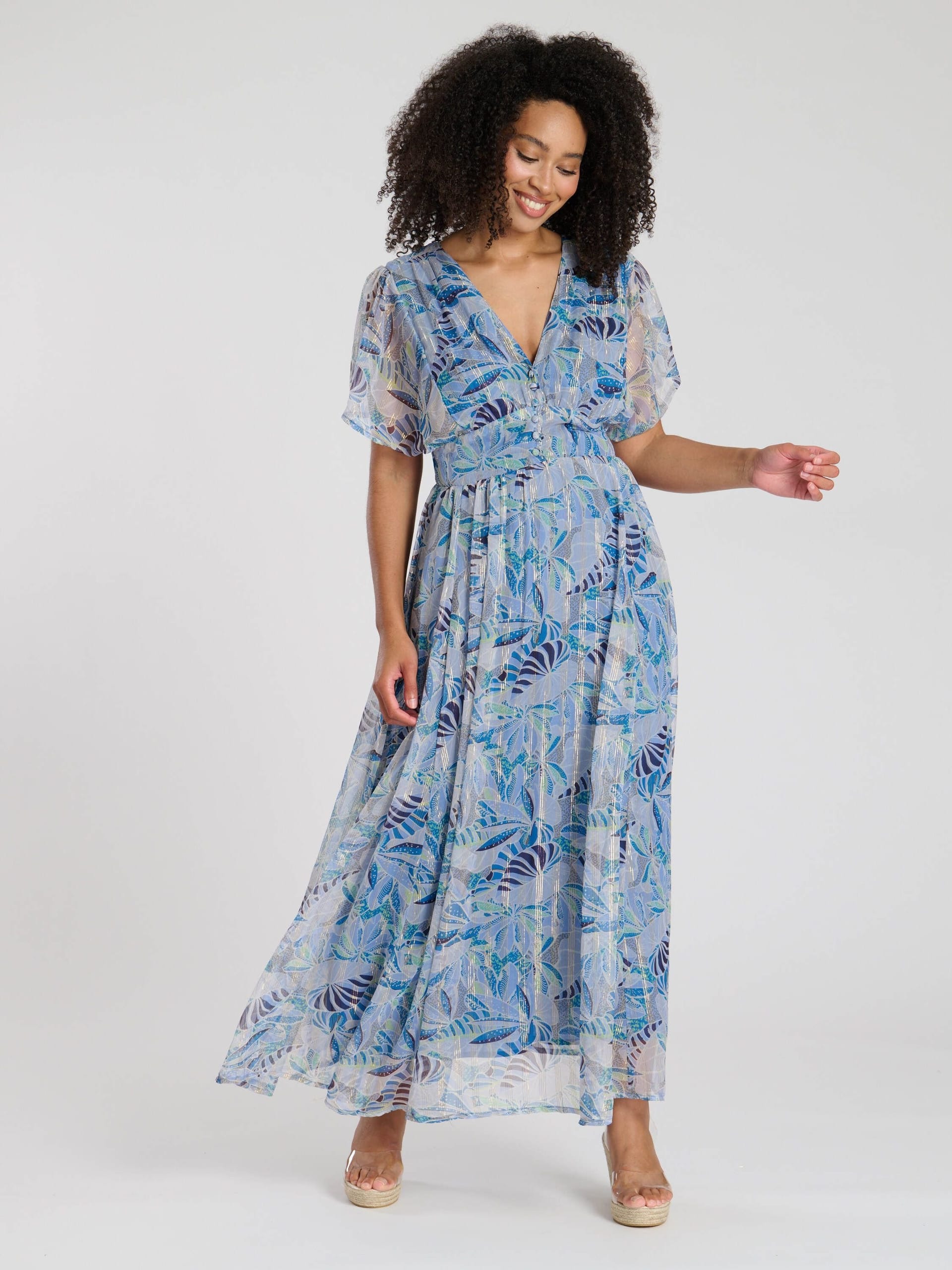 South Beach South Beach Women's Printed Metallic Chiffon Button Detail Maxi Dress in Blue - 4