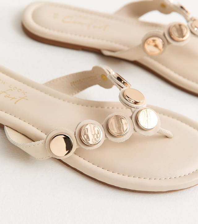 New Look Women's Off White Scalloped Strap Coin Trim Sandals Vegan New Look - 3
