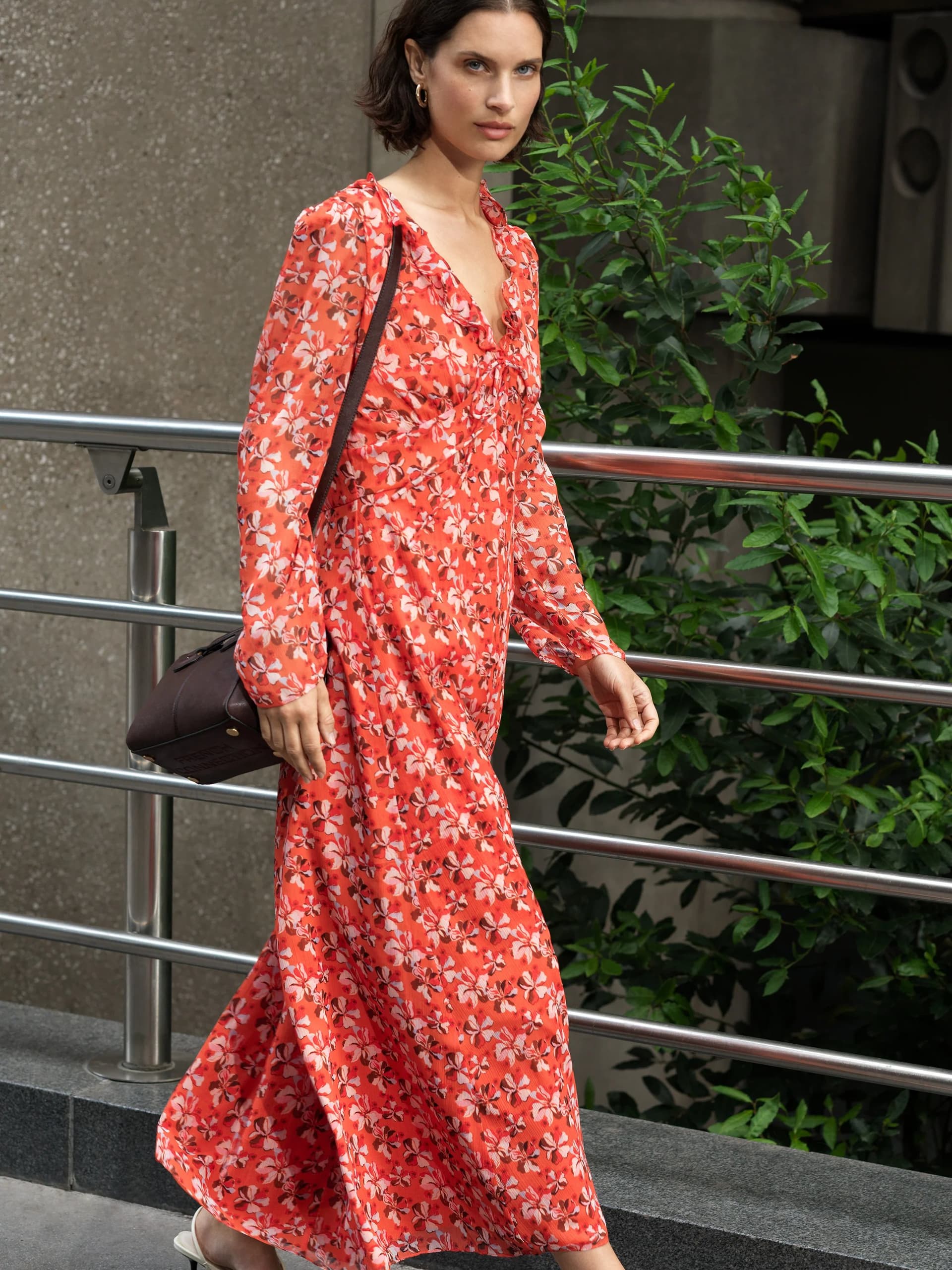 French Connection Rebecca Emina V Neck Dress Flame Orange Multicoloured