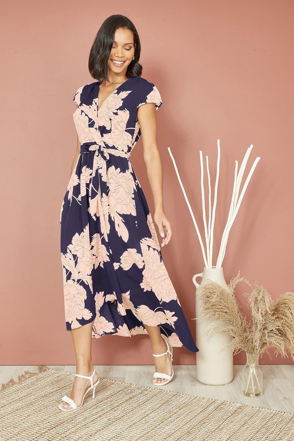 Mela Mela Women's Blue Blossom Print Wrap Midi With Dipped Hem in Navy