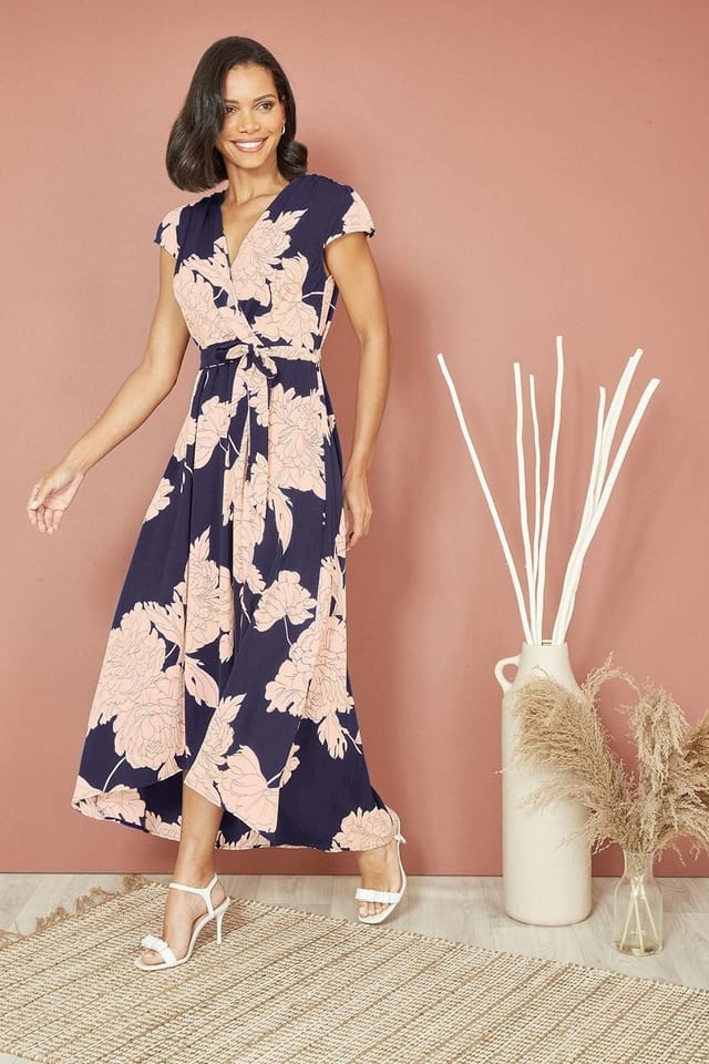 Mela Mela Women's Blue Blossom Print Wrap Midi With Dipped Hem in Navy - 2