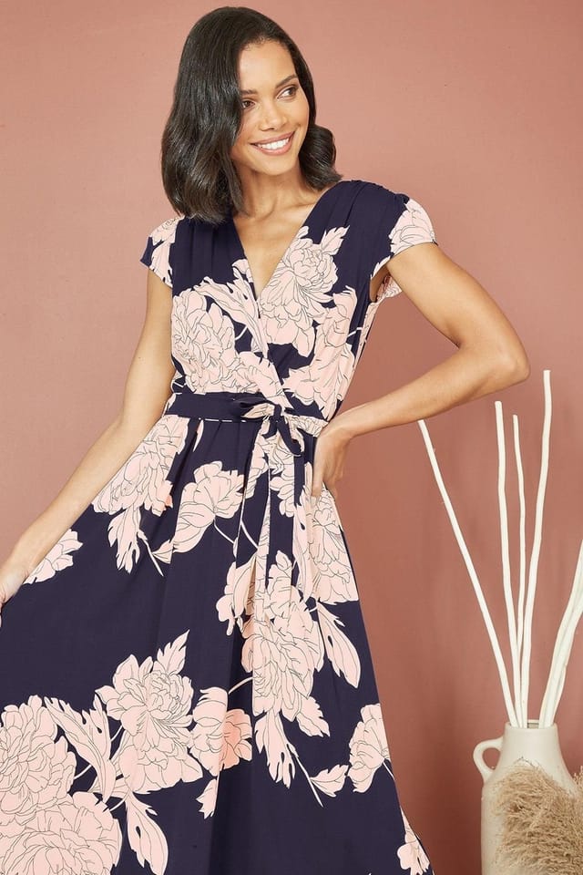 Mela Mela Women's Blue Blossom Print Wrap Midi With Dipped Hem in Navy - 3