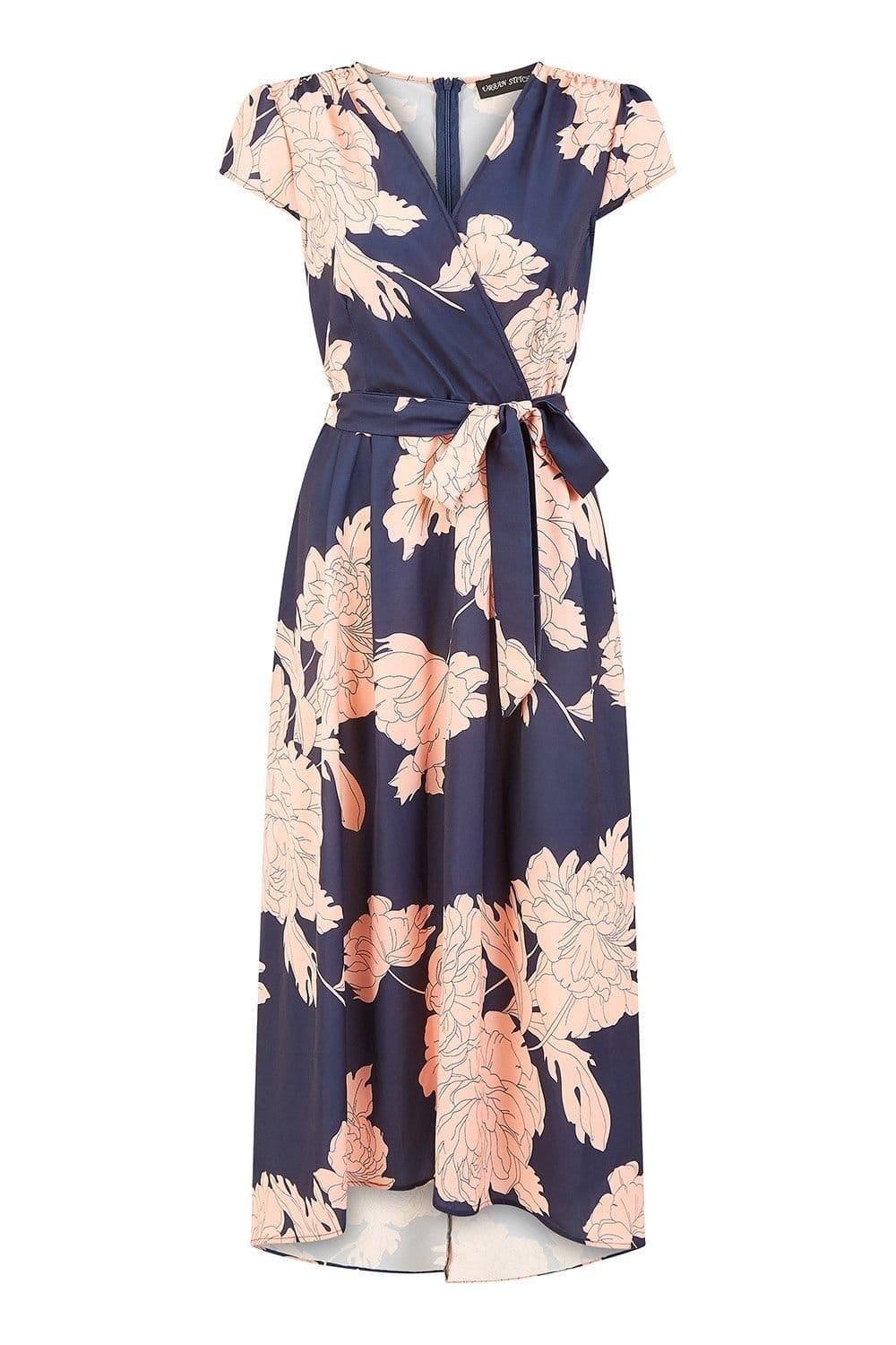 Mela Mela Women's Blue Blossom Print Wrap Midi With Dipped Hem in Navy - 4