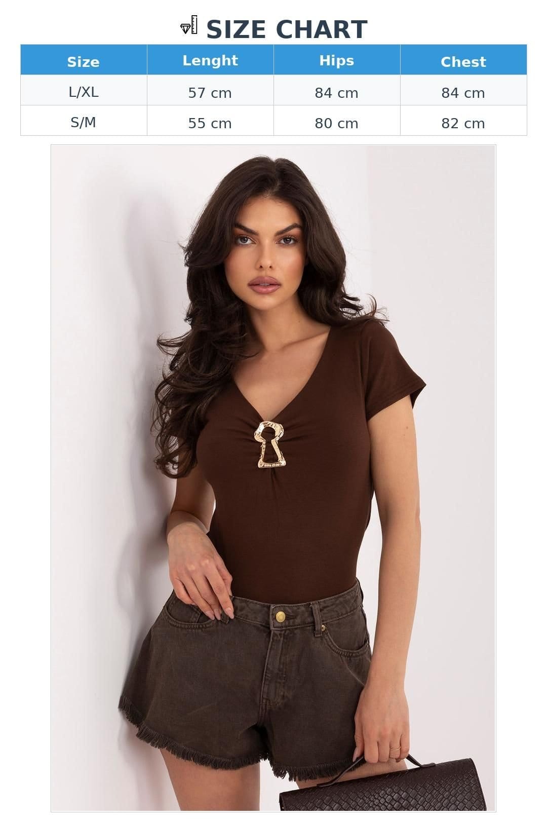 Love Lace Love Lace Women's Elegant Fitted V Neck Blouse with Metal Trim in Brown - 4