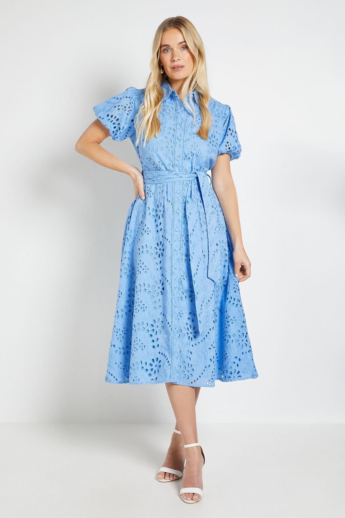 Wallis Wallis Women's Petite Broderie Tie Waist Shirt Dress in Blue