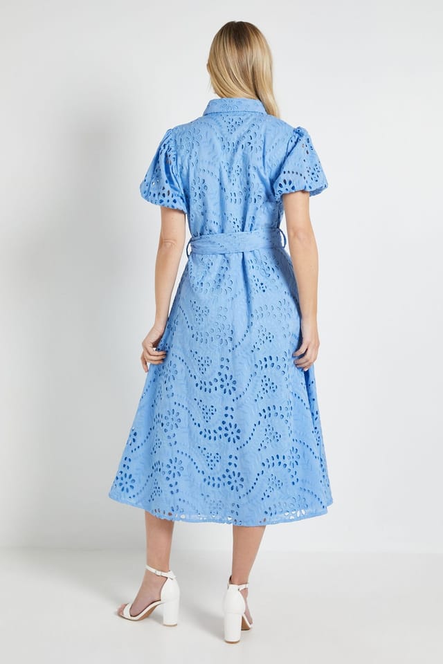 Wallis Wallis Women's Petite Broderie Tie Waist Shirt Dress in Blue - 3