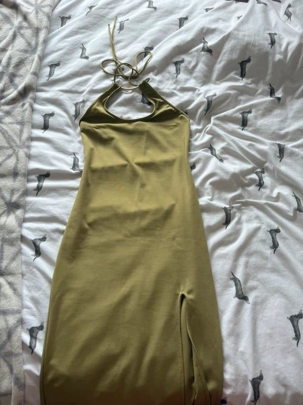 Bershka Khaki Satin Halter Neck Midi Dress