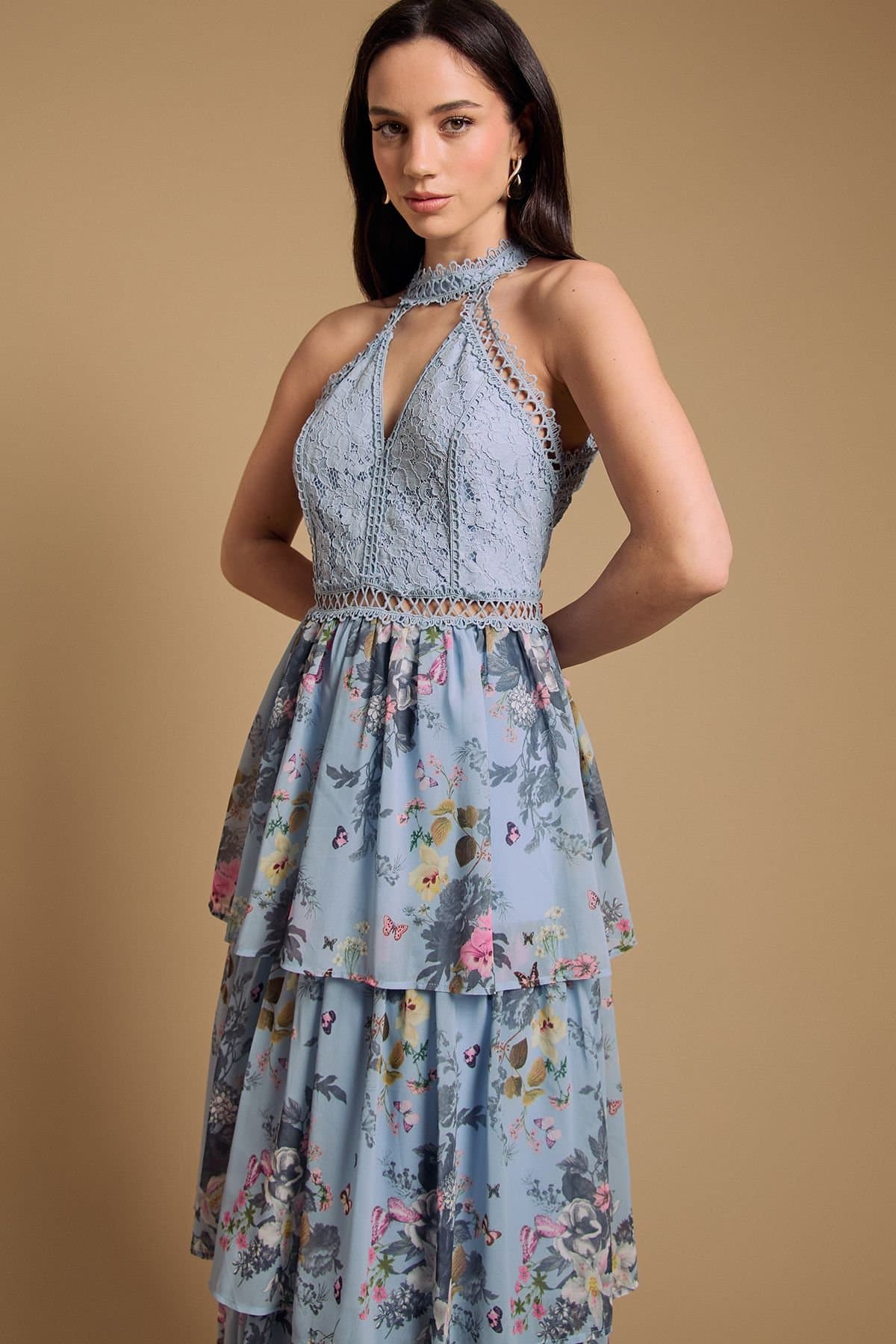Oasis Oasis Women's Lace Tiered Halter Neck Midi Dress in Sky Blue