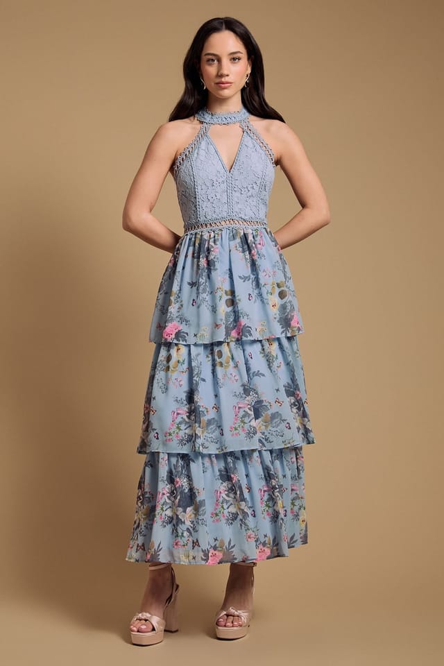 Oasis Oasis Women's Lace Tiered Halter Neck Midi Dress in Sky Blue - 2