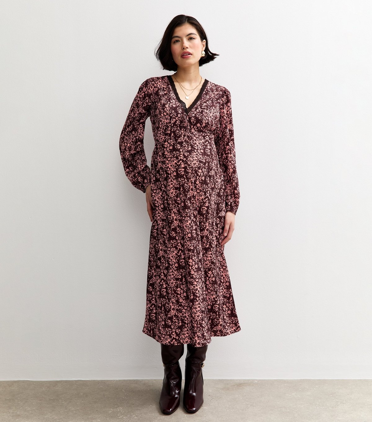 New Look Women's Maternity Burgundy Floral Lace Trim Midi Dress New Look - 1