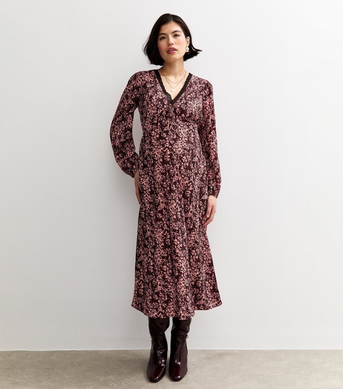 New Look Women's Maternity Burgundy Floral Lace Trim Midi Dress New Look