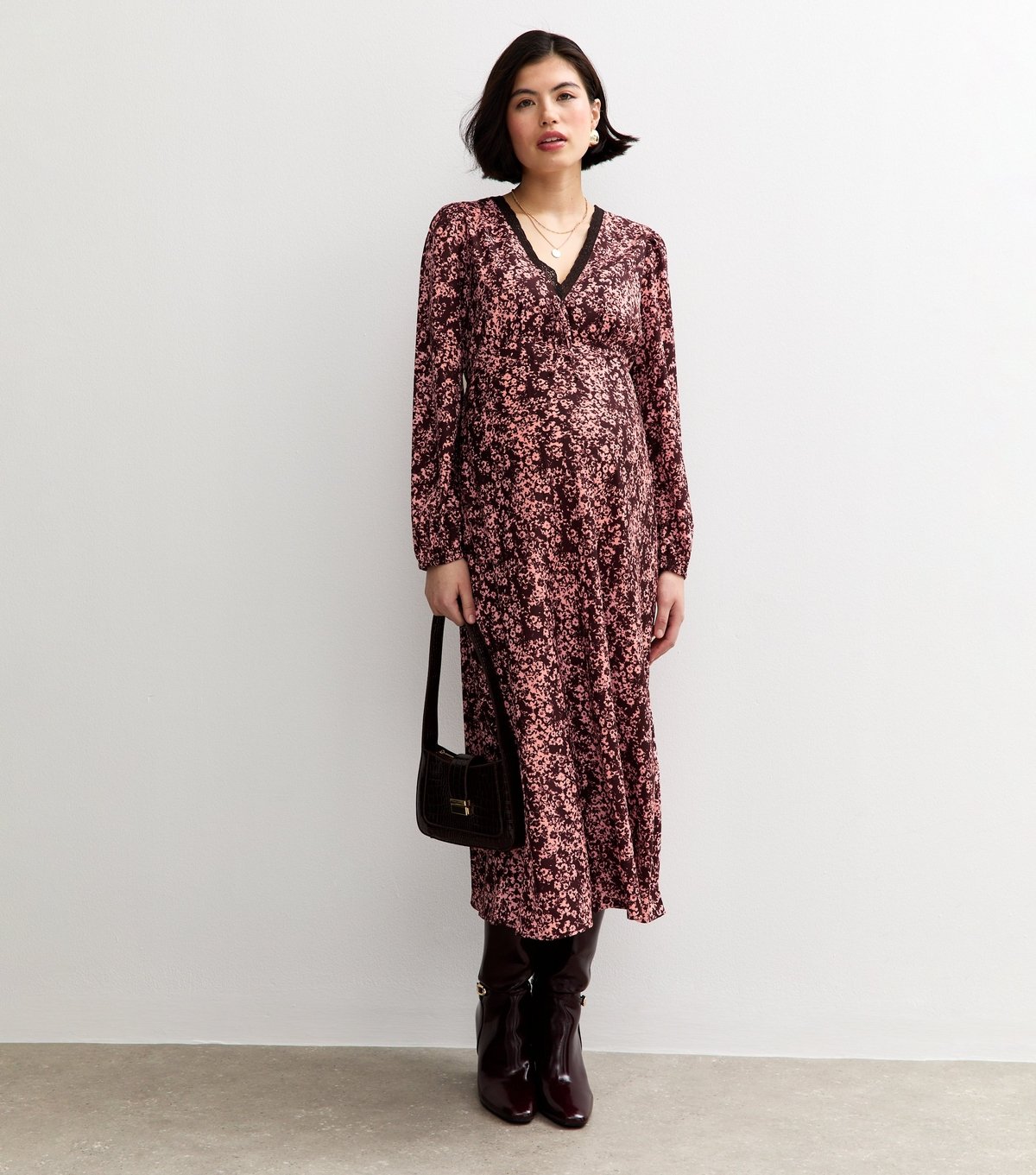 New Look Women's Maternity Burgundy Floral Lace Trim Midi Dress New Look - 3