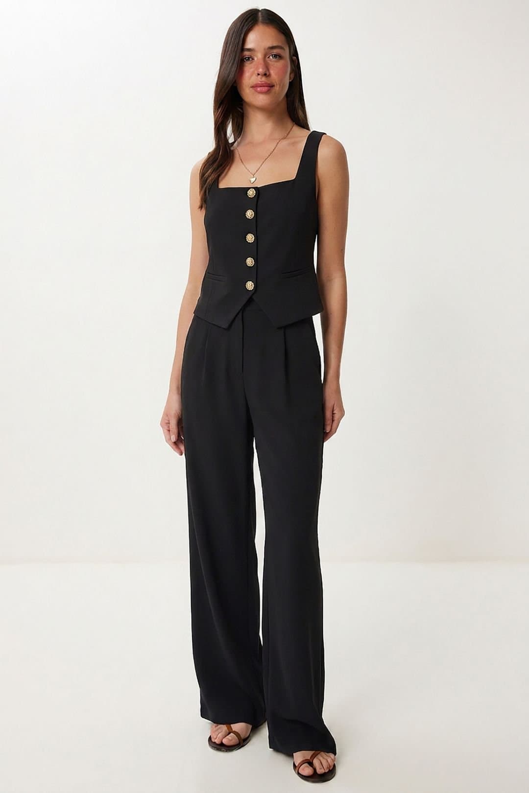 Happiness Istanbul Happiness Istanbul Women's Women's Two-piece Vest & Wide-leg Trouser Set in Black