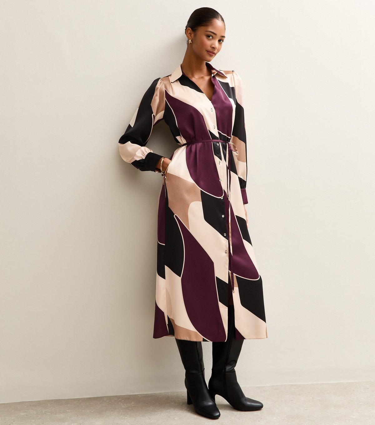 New Look Women's Brown Geometric Print Satin Tie Waist Shirt Dress New Look - 3