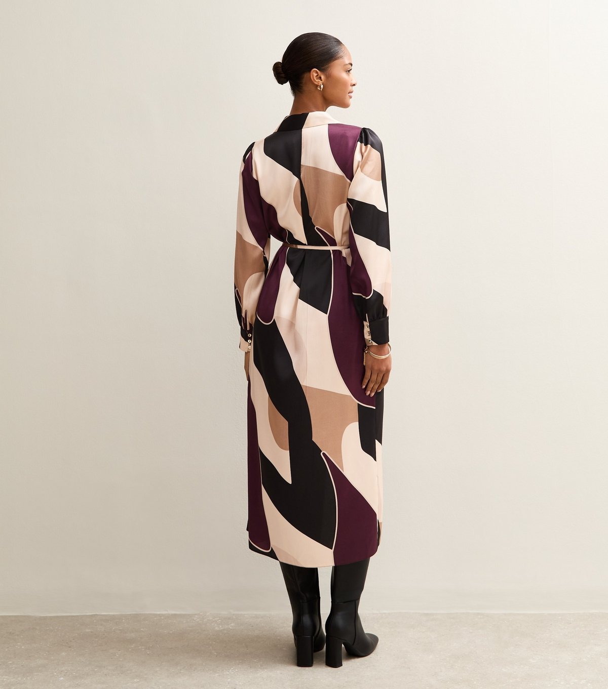 New Look Women's Brown Geometric Print Satin Tie Waist Shirt Dress New Look - 4