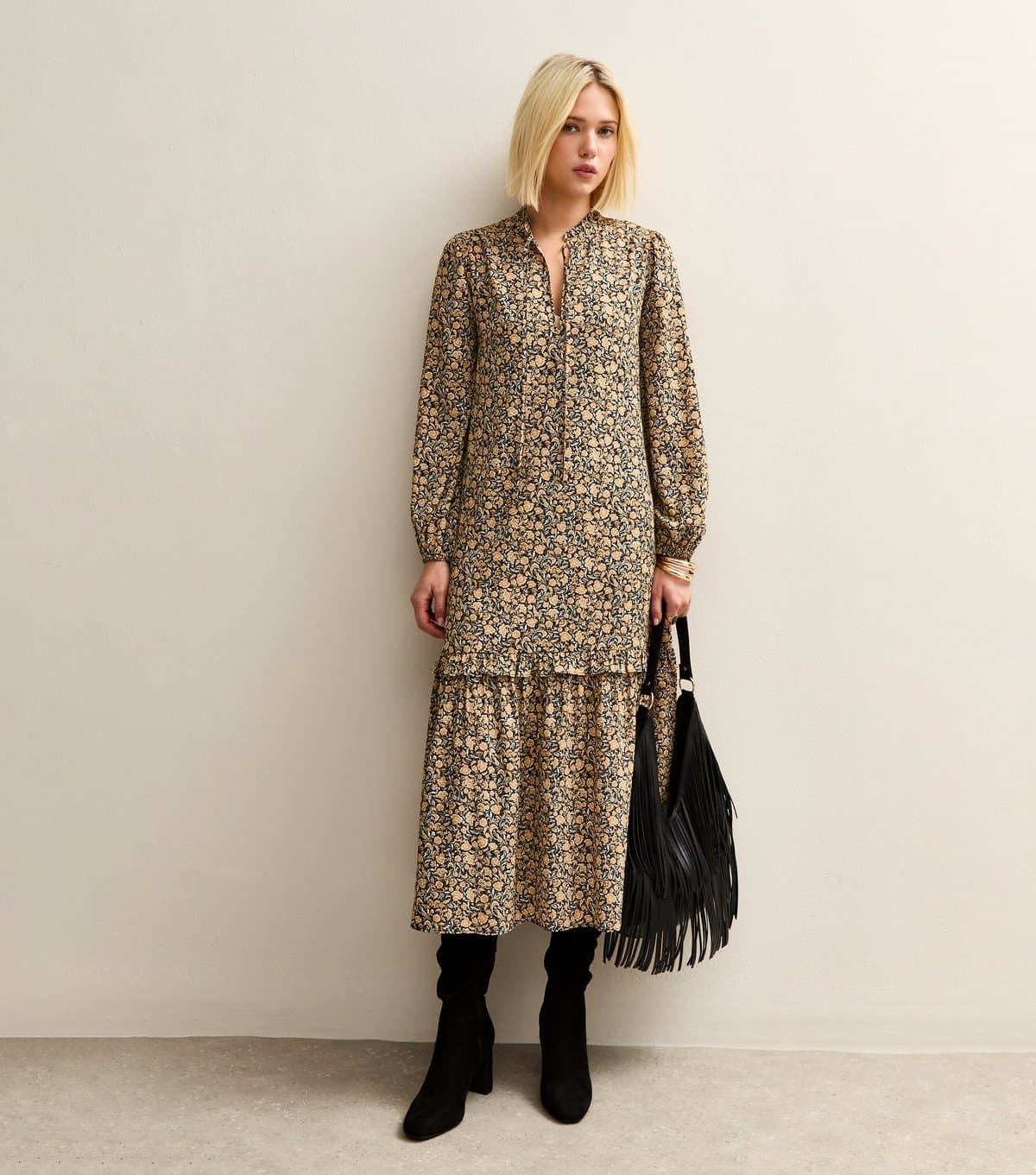 New Look Women's Yellow Floral Smock Midi Dress New Look
