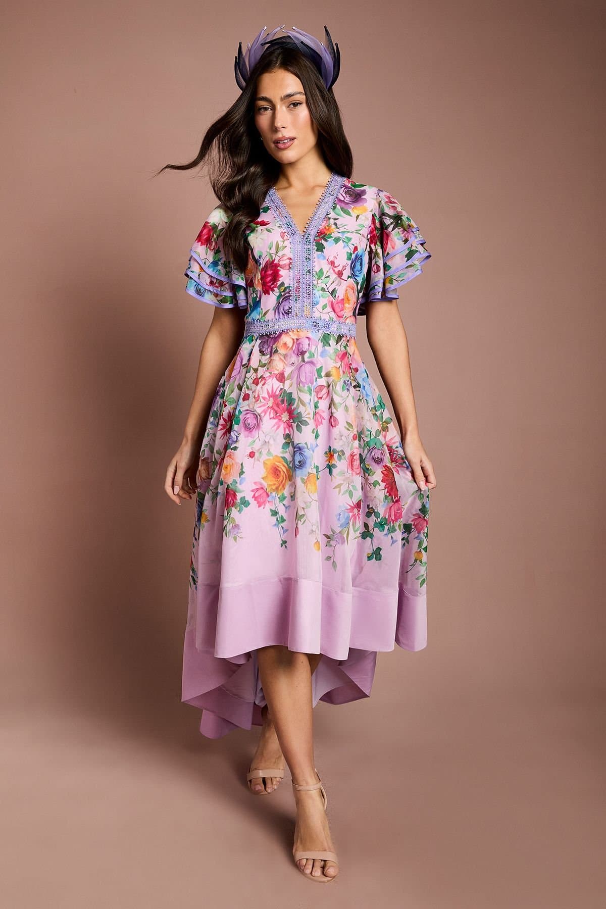 Coast Coast Women's Lisa Tan Statement Shoulder High Low Printed Midi Dress in Pink