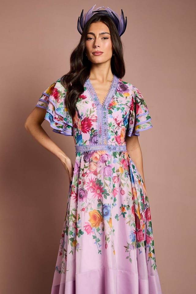 Coast Coast Women's Lisa Tan Statement Shoulder High Low Printed Midi Dress in Pink - 2