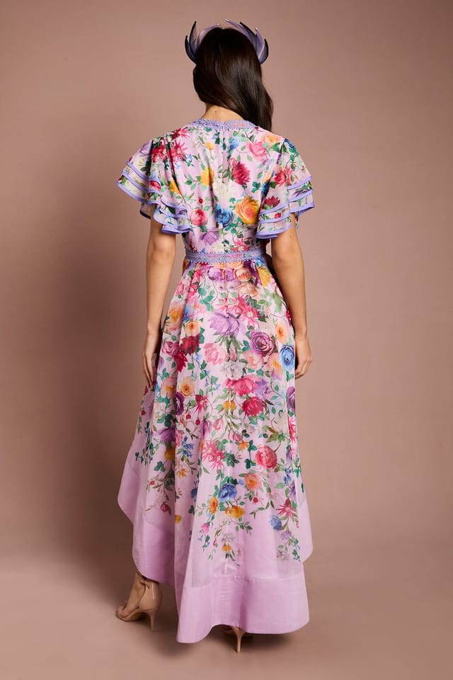 Coast Coast Women's Lisa Tan Statement Shoulder High Low Printed Midi Dress in Pink - 3