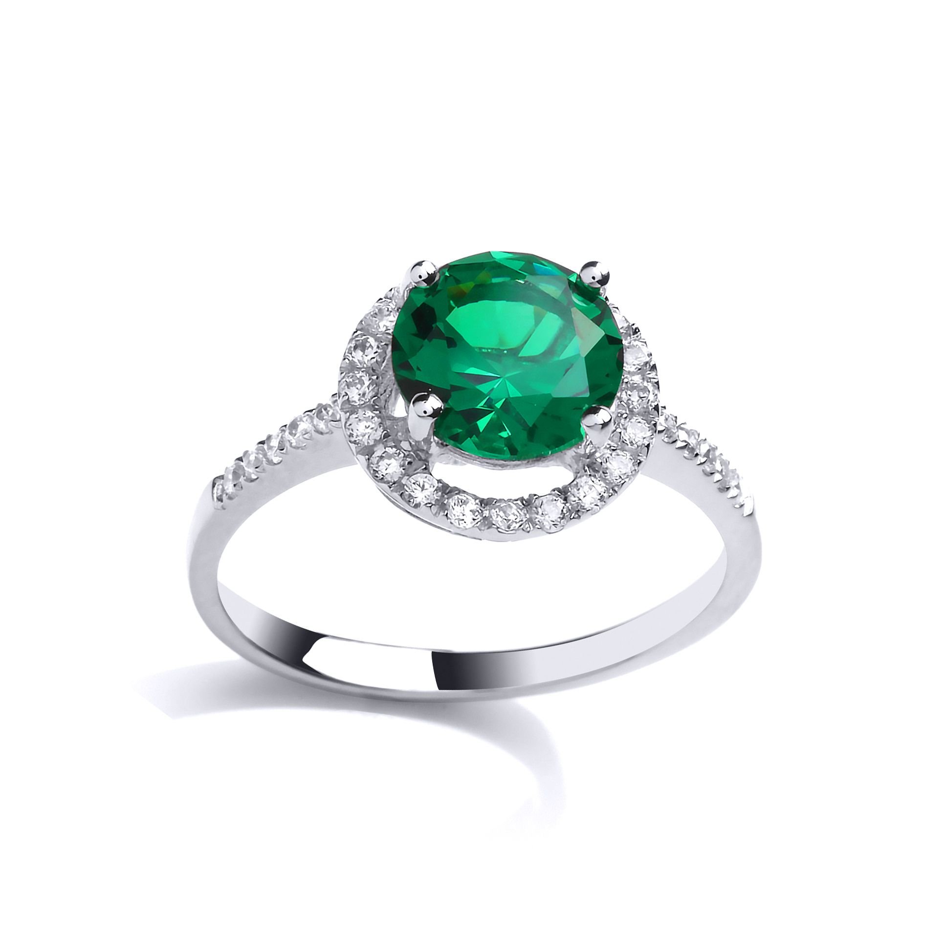 Jewelco London Jewelco London Women's Silver Green CZ Shoulder-Set Halo Solitaire Engagement Ring - 2