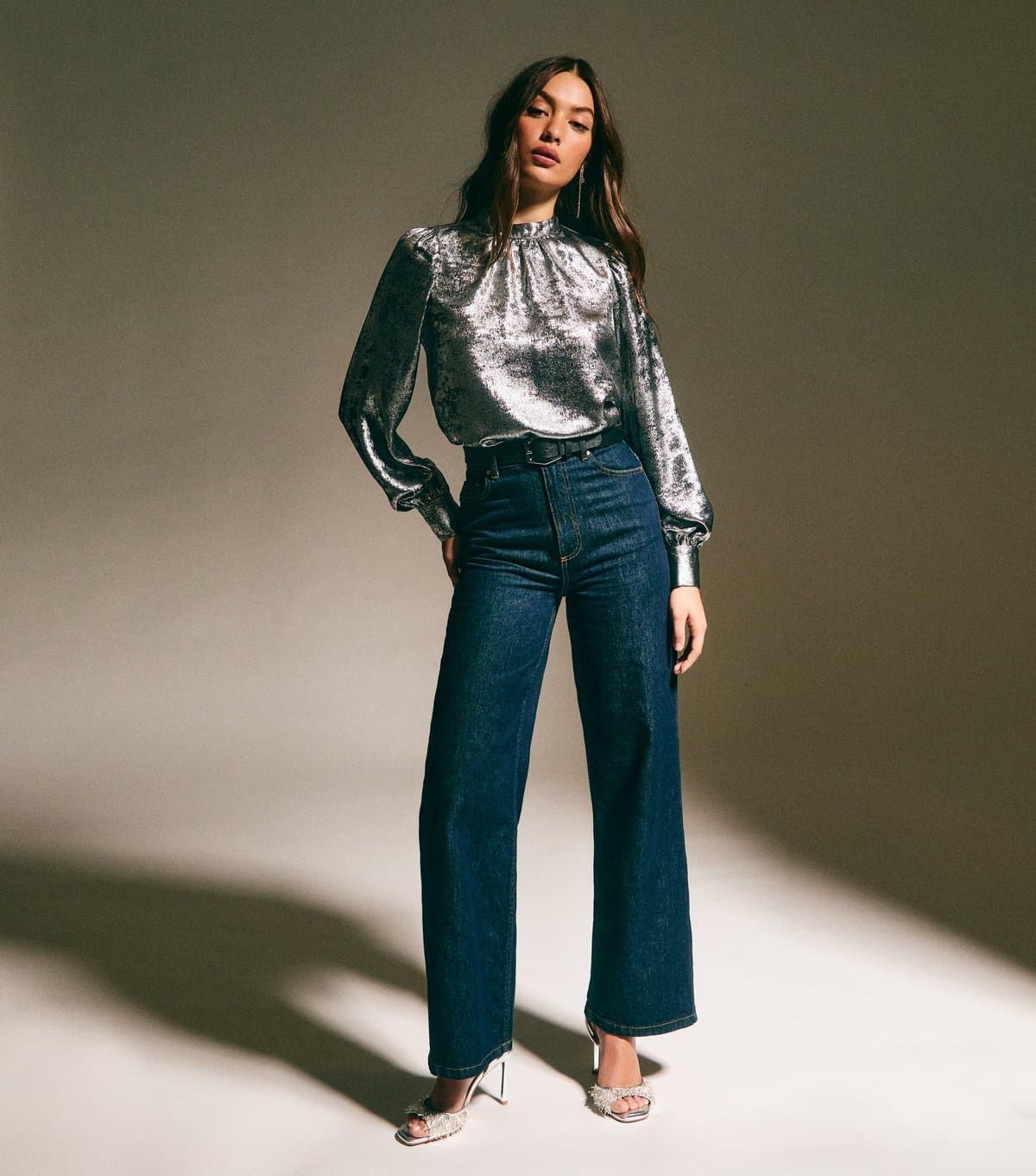 New Look Women's Mid Grey Metallic High Neck Blouse New Look