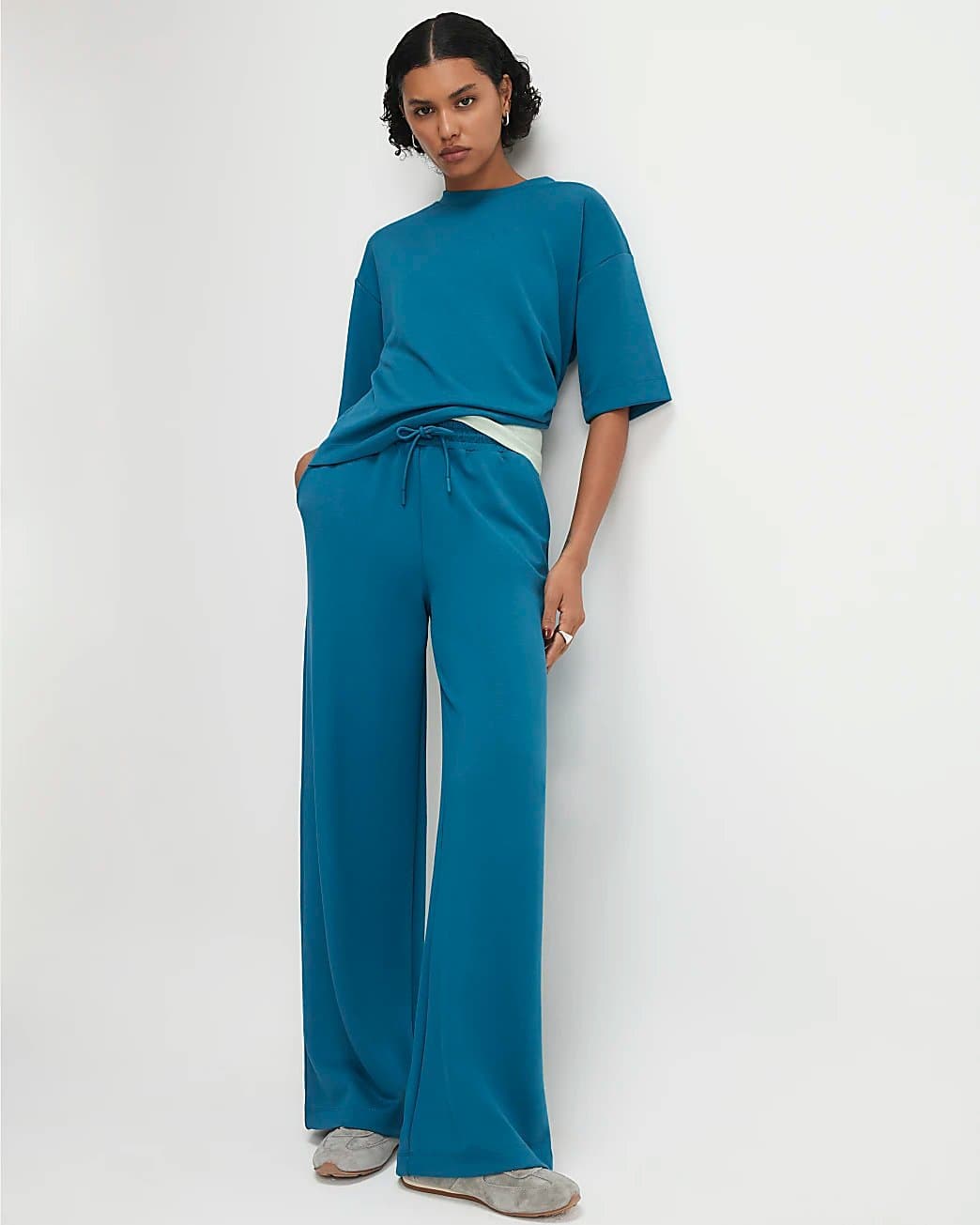 River Island River Island Womens Blue Premium Drawstring Wide Leg Joggers