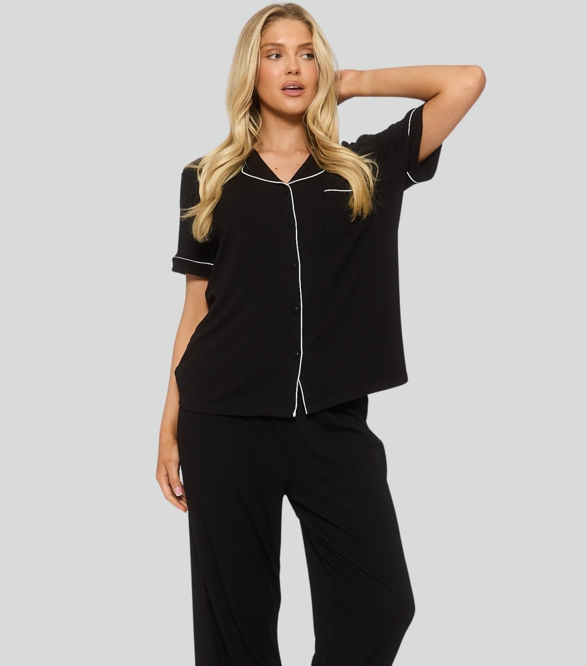 Loungeable Women's Black Ribbed Short Sleeve Shirt and Trousers Pyjama Set Loungeable New Look - 3